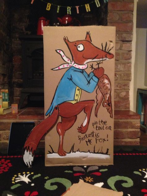 Pin the tail on Fantastic Mr Fox- Roald Dahl Party Roald Dahl Party Ideas, Roald Dahl Birthday Party, Fantastic Mr Fox Birthday Party, Roald Dahl Party, Fantastic Mr Fox Party, Beaver Party, Roald Dalh, Roald Dahl Activities, Ronald Dahl