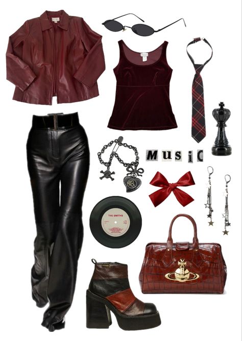 Red Rockstar Outfit, Wine Red Outfit Ideas, Red Grunge Aesthetic Outfits, Burgundy And Black Outfit, Red And Black Clothes, Red Grunge Outfit, Red Goth Outfits, Dark Red Outfit, Gf Outfits