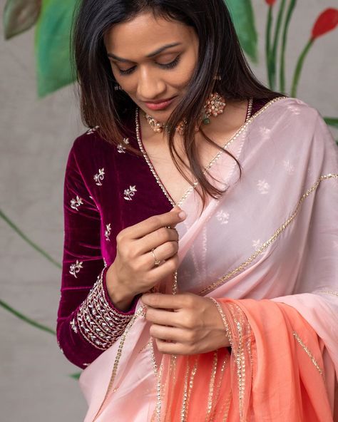 Shop Chic Designer Sarees For This Festive Season • Keep Me Stylish Sleeves Blouse Designs, Blouse Designs For Saree, Full Sleeves Blouse, Full Sleeves Blouse Designs, Velvet Blouse Design, Full Sleeve Blouse, Blouse Stitching, Fashionable Saree Blouse Designs, Maroon Blouse