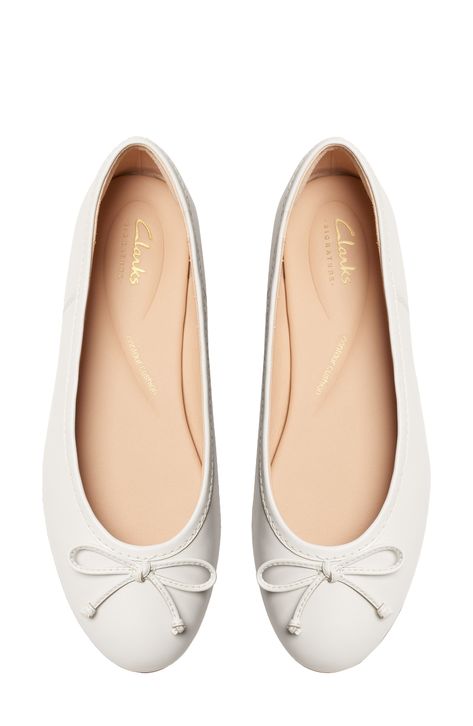 A delicate vamp bow lends timeless appeal to a rich leather flat set on a cushioned footbed for lasting comfort. Cushioned footbed Leather upper and lining/rubber sole Imported White Flats Outfit, Cute Shoes Flats, White Ballet Flats, White Flat Shoes, Bridal Shoes Flats, Flat Dress Shoes, Red Flats, Aesthetic Shoes, Womens Ballet Flats