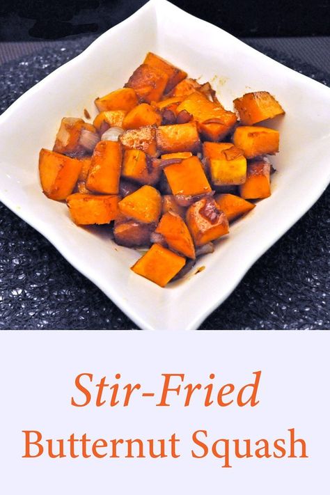 Butternut Squash, flavored with soy sauce and sesame oil, quickly fried, makes an easy side dish for two. #butternutsquash #stirfrybutternut #butternutrecipes #cookingfortwo Fried Butternut Squash, Sauteed Butternut Squash, Easy Dinner Sides, Fried Butter, Butternut Recipes, Easy Dinner Casseroles, Easy Side Dish, Cooking For Two, Super Easy Recipes