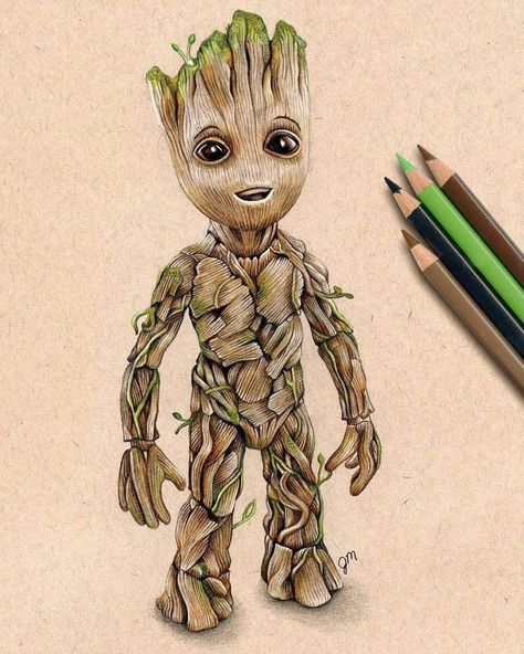 Baby Groot Drawing, Groot Tattoo, Marvel Art Drawings, Groot Marvel, Marvel Tattoos, Marvel Drawings, Paper Notebook, Baby Groot, 3d Artwork