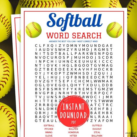 "Softball Word Search Game | Printable Softball Team Party Games |Travel Softball Games | Softball Team Building Games | WCWS | Icebreakers Hit that ♥︎ to Favorite this Game! This Softball Word Search Game is such a fun Softball game to play with your friends, family, or team at your next softball related party, tailgate, or event! Impress your guests with the fun and unique games you brought to the party! Bring the fun with this super easy  Softball Printable Party Game! Great party game for an Softball Party Games, Softball World Series, Travel Softball, Softball Tournaments, College World Series, Word Search Games, Team Building Games, Team Party, Building Games