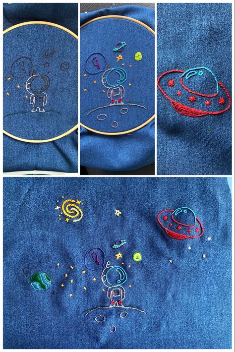 Astronaut Embroidery Design, Space Embroidery Jeans, Outer Space Embroidery, Space Themed Embroidery, Comet Embroidery, Embroidery Universe, Spaceship Embroidery, Space Embroidery Pattern, Planets Embroidery