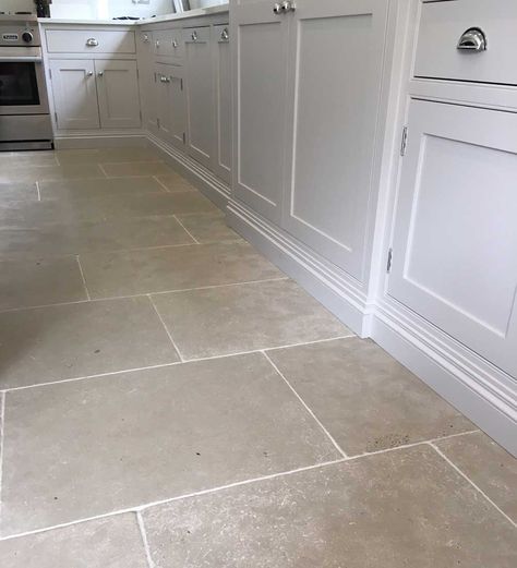 Paris Grey limestone floor tiles Modern Farmhouse Kitchen Flooring, Grey Kitchen Floor Tiles, Stone Kitchen Floor, Farmhouse Kitchen Flooring, Grey Vinyl Flooring, Grey Kitchen Floor, Light Grey Kitchens, Kitchen Floor Tiles Ideas, Tile Material