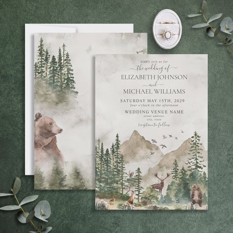 Forest Save The Date, Couple Wedding Invitation, Woodland Wedding Invitations, Woodland Forest Animals, Mountain Wedding Invitations, Shopping Gifts, Date Invitation, Themed Wedding Invitations, Mountain Forest