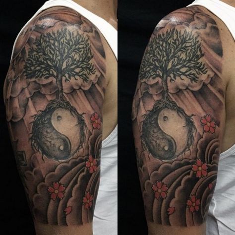 Yen Yang Tattoos Ying Yang Tattoo, Yang Tattoo, Christian Sleeve Tattoo, Yin Yang Tattoos, Tattoo Inspiration Men, Omerta Tattoo, Back Of Shoulder Tattoo, Shoulder Tattoos, Tree Of Life Tattoo