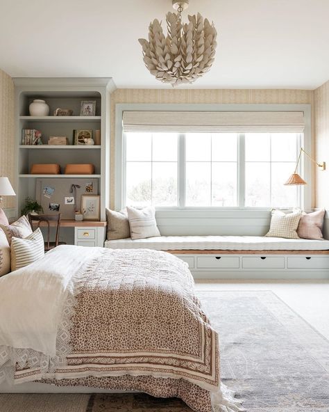 Studio McGee on Instagram: “We balanced the off-centered window in Wren’s bedroom with a floor-to-ceiling built-in and added a window seat! See the rest of the photo…” The Mcgee Home, Mcgee Home, Window Seat Design, Bedroom Studio, غرفة ملابس, Studio Mcgee, Big Girl Rooms, Window Seat, The Bedroom