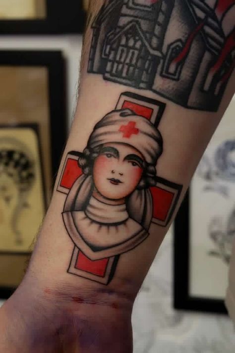 Traditional nurse head tattoo, done by @ homeslicejoey on instagram, of twosnakes tattoo, in Hastings, U.K. Traditional Nurse Head Tattoo, Traditional Split Face Tattoo, Lady Head Tattoo Traditional, American Traditional Lady Head, Traditional Tattoo Girl Head, Head Tattoo, Traditional Tattoo Art, Head Tattoos, Tattoo Art