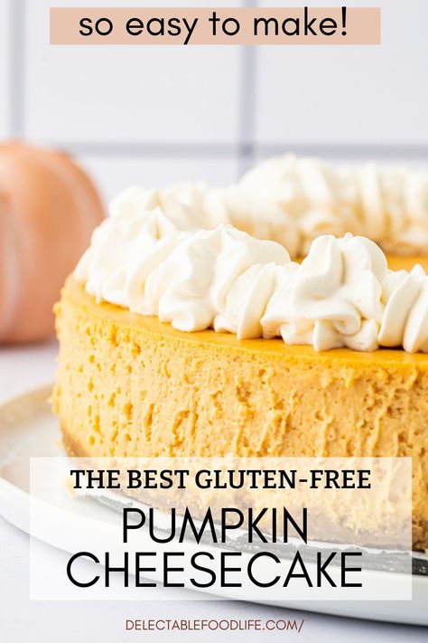 Creamy, Gluten-Free Pumpkin Cheesecake in a delicious gluten-free graham cracker crust is a beautiful recipe made with cream cheese, pumpkin puree, sour cream, and brown sugar. This easy recipe is beloved during the holidays and year-round. If you love pumpkin, you will enjoy this delightful recipe! This is one of my favorite gluten-free pumpkin desserts! Pumpkin Cheesecake With Gingersnap Crust, Cheesecake With Gingersnap Crust, Gluten Free Pumpkin Cheesecake, Gluten Free Pumpkin Recipes, Almond Crust, Gingersnap Crust, Gluten Free Crust, Pumpkin Cheesecake Recipes, Cookies Gluten Free