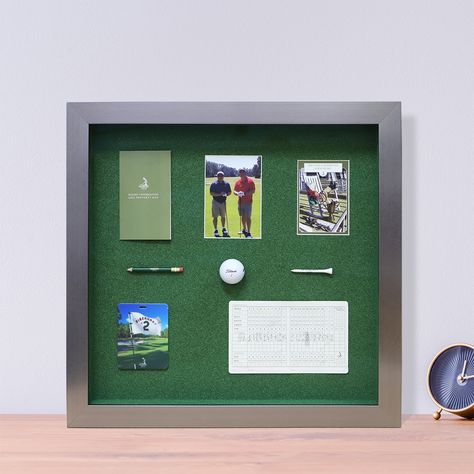 Hole In One Display Golf, Hole In One Shadow Box Ideas, Golf Shadow Box Ideas, Football Shadow Box Ideas, Sports Shadow Boxes, Golf Flags, Shadow Box Ideas, Golf Room, Letterman Sweaters