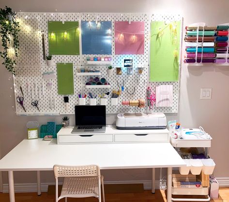 Cricut Workspace Ideas, Cricut Workspace, Pegboard Craft Room, Office Craft Room Combo, Small Business Office, Craft Room Tables, Ikea Craft Room, Workspace Ideas, Crafting Space