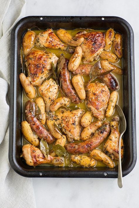 Roast chicken and Italian sausage with herbs and orange recipe Chicken Italian Recipes, Sausage Tray Bake, Leftover Roast Chicken, Chicken Italian, Orange Recipe, Best Roasted Chicken, Chicken And Sausage, Fennel Sausage, Italian Sausage Recipes