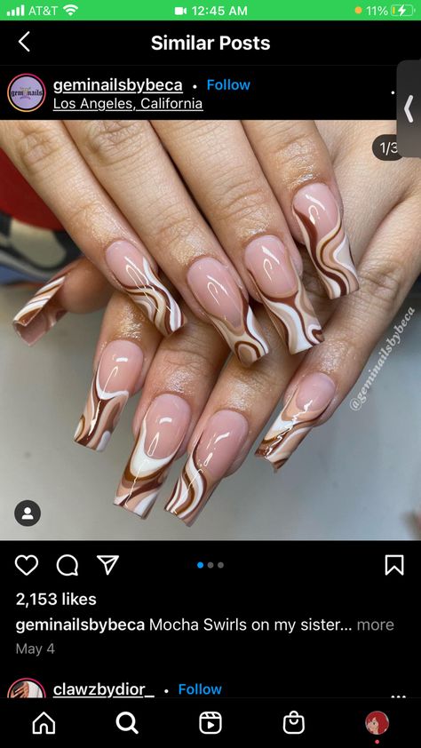 Mocha Swirl Nails, Swirl Nails Acrylic, Swirl Nails, Gem Nails, Nails Acrylic, Nails Ideas, Nail Ideas, Cute Nails, Nail Inspo