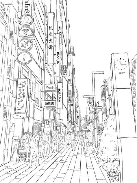 Japan street Korean Street Drawing Sketches, Japan Street Drawing, Japan Street Aesthetic, Aesthetic Sketch, 1 Point Perspective, Manga Reference, View Painting, Bobbie Goods, Street Aesthetic