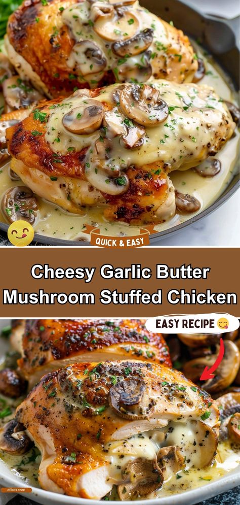 Cheesy Garlic Butter Mushroom Stuffed Chicken Cheesy Garlic Mushroom Stuffed Chicken, Cheesy Garlic Butter Mushroom Chicken, Cheesy Garlic Butter Mushroom Stuffed Chicken, Garlic Butter Mushroom Stuffed Chicken, Mushroom Stuffed Chicken Breast, Mushroom Stuffed Chicken, Red Recipes, Garlic Butter Mushrooms, Mushroom Stuffed