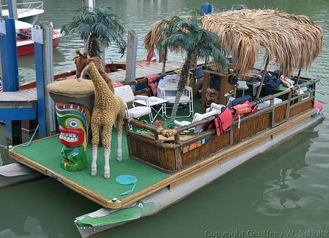 Tiki Boat, Boat Family, Pontoon Ideas, Pontoon Party, Boat Bar, Party Barge, Party Boat, Lake Fun, Pirate Boats