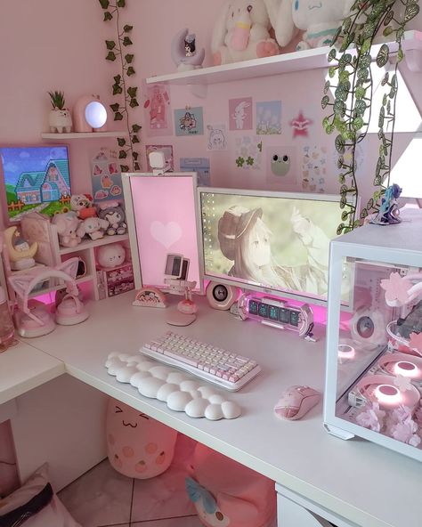 Gameing Set Up, Pink Set Up, Girly Pc Setup, Cute Gaming Room, Kawaii Room Ideas, Cozy Gamer, Kawaii Desk, Gaming Desk Setup, New Routine