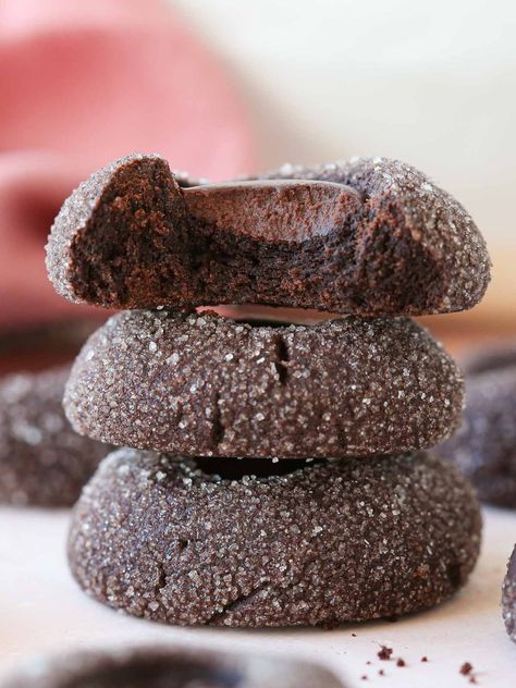 chocolate thumbprint cookies - Girl Versus Dough Thumbprint Cookie Recipe, Microwave Peanut Butter Fudge, Thumbprint Cookie, Chocolate Thumbprint Cookies, Dairy Free Cookies, Thumbprint Cookies Recipe, Baking Cookbooks, Chewy Sugar Cookies, Dessert Bar Recipe