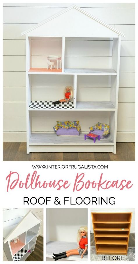 How to repurpose an IKEA Billy Bookcase into an adorable Dollhouse Bookcase with a pitched roof, hardwood, black & white checkerboard, and papered floors. Recycled Crafts Upcycling, Repurposed Bookcase, Dollhouse Roof, Bookcase Dollhouse, Dollhouse Rooms, Dollhouse Bookcase, Real Hardwood Floors, Ikea Billy Bookcase, Ikea Furniture Hacks