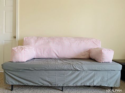 A few months ago, we planned to move and gave away our couch but at the last minute, our moving plan got canceled. That is when I decided I will turn the twin bed we had in the storage into a couch for time being.  I wanted to make this couch pillow as budget-friendly as possible so I used supplies I already had at home. In case, you want to attempt this project and have any doubt feel free to ask me in the comments below. I was happy that I can use Under the bed as my so Turning A Bed Into A Couch, Bed Into A Couch, Twin Mattress Couch, Moving Plan, Diy Twin Bed, Ikea Shelving Unit, Mattress Couch, Apartment Needs, Diy Couch