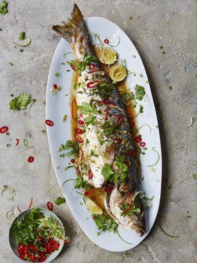 Steamed Sea Bass Asian Style | Fish Recipes | Jamie Oliver Recipes Whole Fish Recipes, Sea Bass Recipes, Enjoy Your Meal, Jamie Oliver Recipes, Steamed Fish, Healthy Fish, Sea Bass, Calamari, Jamie Oliver