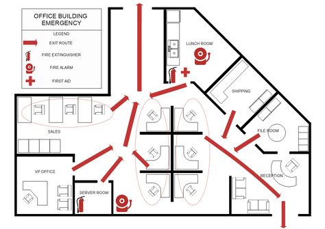 This is an Office Building Emergency Plan template that workers and emergency responders can use in the event of a disaster. This type of template is a must for emergency evacuation planning of the building and to establish procedures for all people, including those in need of assistance due to disabilities and other conditions. The template is a 100% customizable and you can edit every aspect of it with a few simple clicks in MyDraw. Chemical Equilibrium, Emergency Evacuation Plan, Evacuation Plan, Server Room, Construction Safety, Emergency Evacuation, Lunch Room, Emergency Plan, Plan Template