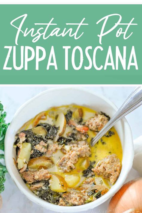 This easy recipe for Instant Pot Zuppa Toscana is a great copycat for the Olive Garden soup. Loaded with Italian sausage, bacon, and kale! Zappa Toscana Soup Instant Pot, Zuppa Toscana Soup Instant Pot, Instant Pot Zuppa Toscana Soup, Instant Pot Zuppa Toscana, Zuppa Toscana Soup Olive Garden, Olive Garden Soup, Olive Garden Soups, Easy Lasagna Soup, Garden Soup