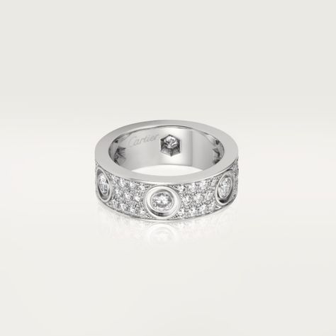 Cartier - LOVE ring, diamond-paved - Ring White gold/Diamond - LOVE ring, white gold 750/1000, set with 72 brilliant-cut diamonds totaling 1.26 carats. Width: 6.5mm. Cartier Love Ring, Hip Hop Rings, 18k Gold Bracelet, Pave Diamond Ring, Ring White Gold, 18k Gold Ring, Cartier Love, Pave Ring, Engagement Rings For Men