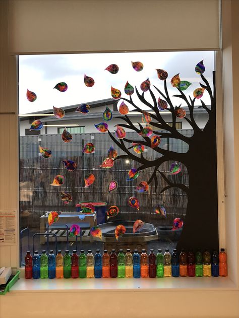 Nursery Autumn display on the window using the children’s water coloured leaves Nursery Autumn Display, Window Display Eyfs, Preschool Window Display, Fall Window Display Classroom, Autum Kindergarden Activities, Fall Classroom Window Ideas, Autumn Classroom Display, Autumn Display Boards Nursery, Window Decoration Ideas For School