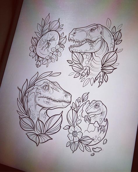 Some available jp/dino bits I drew up the other week 💌 danielletaylortattoo@gmail.com Jurassic Park Flash Tattoo, Jurassic Tattoo Ideas, Dinosaur Hand Tattoo, Dinosaur Knee Tattoo, Feminine Dinosaur Tattoo, Jurassic Park Tattoo Ideas, Jurassic Tattoo, Floral Dinosaur Tattoo, Jurrasic Park Tattoo