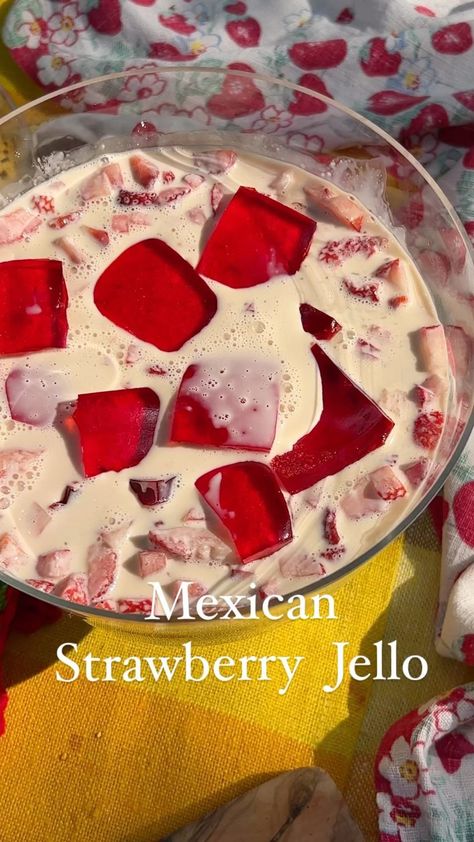 Sarah McCune | Mexican strawberry jello recipe I grew up having this strawberry jello at bbq’s and birthday parties. Have you ever had strawberry jello… | Instagram Mexican Jello Recipe, Strawberry Jello Dessert, Jello With Cool Whip, Jello Recipe, Cut Strawberries, Jello Desserts, Strawberry Jello, Jello Recipes, Taco Bar