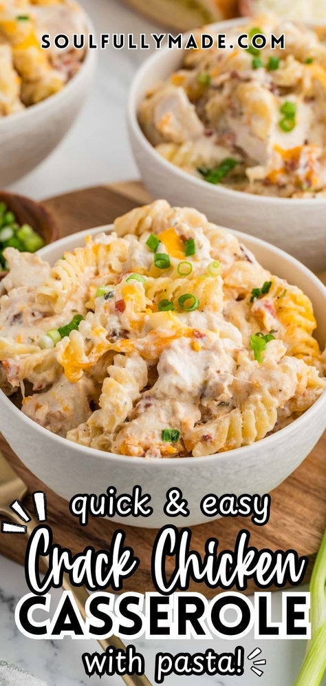 When you’re craving comfort food, this Crack Chicken Casserole recipe will definitely hit the spot! With tender chicken, crispy bacon, and pasta tossed in a creamy, ranch-seasoned sauce, it’s the kind of dinner that’ll have the whole family coming back for seconds.  Creamy, cheesy, and packed with bold ranch flavor, crispy bacon, and juicy chicken. Every bite is loaded with savory goodness that will have everyone coming back for seconds! Pasta Dishes With Rotisserie Chicken, Recipes With Shredded Rotisserie Chicken, Things To Make With Canned Chicken, Chicken Casserole With Pasta, Frozen Casserole Recipes, Casserole With Pasta, Canned Chicken Recipes, Pasta Entrees, Casserole To Freeze