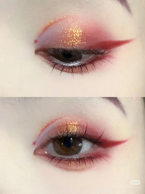 Orange Red Makeup Look, Fire Nation Makeup, Korean Red Makeup, Chinese New Year Makeup Look, Red And Gold Eye Makeup, Orange Red Makeup, Chinese New Year Makeup, Red And Gold Makeup, Lunar New Year Makeup