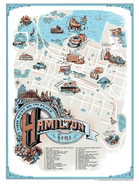 this-must-be-the-place-hamilton-gems-map Hamilton Canada, Ontario Map, Canada History, Journal Elements, Ontario Travel, Toronto Travel, Hand Drawn Map, Drawn Map, Hamilton Ontario