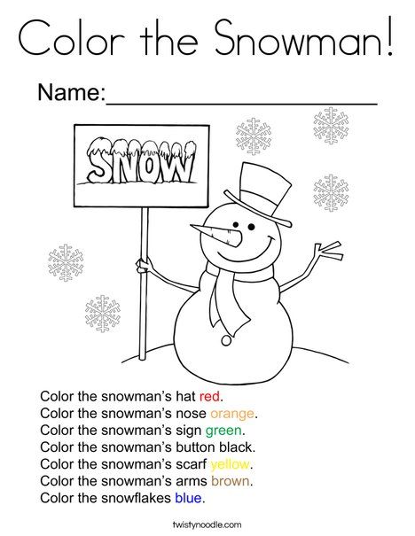 Color the Snowman Coloring Page - Twisty Noodle Snowman Worksheets Preschool, Winter Work Sheets For Preschool, Winter Worksheets For Kids, Sneezy The Snowman Activities Preschool, Winter Worksheets For Preschool, Snowman Worksheet, Winter Themed Worksheets, Snow Day Coloring Page, Sneezy The Snowman Activities