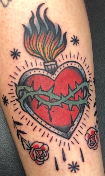 Trad Sacred Heart Tattoo, Sacred Heart Tattoo Color, American Traditional Sacred Heart Tattoo, Sacred Heart Tattoo Traditional, American Traditional Heart Tattoo, Traditional Sacred Heart Tattoo, Mexican Heart Tattoo, Traditional Heart Tattoo, Sacred Heart Tattoo Design