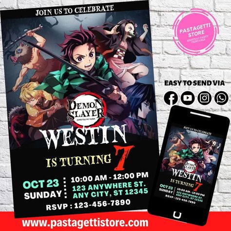 Purchase, wait 24 hours or less, and print or send as unique personalized invitation with special font! Welcome to visit Pastagettistore. Demon Slayer Birthday Invitation, Demon Slayer Birthday, Demon Slayer Base, Black Halloween Dress, Birthday Invitation Template, Invitation Digital, Personalized Invitations, Party City, Halloween Dress