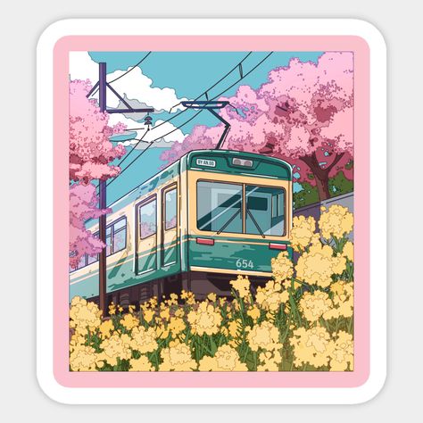 Japanese Train, Japanese Nature, Pink Cherry Blossom, Cute Laptop Stickers, Stickers Design, Nature Stickers, Beautiful Aesthetic, Scrapbook Stickers Printable, Spring Trip