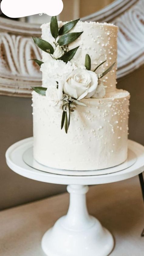 Small Simple Fall Wedding Cake, Elegant Pearl Wedding Cake, White And Sage Green Wedding Cake, Sage And White Wedding Cake, Small Elegant Wedding Cakes, Wedding Cake Sage Green, Sage Wedding Cake, Cake With Pearls, Wedding Sheet Cakes