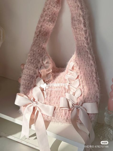 Crochet Clothes Coquette, Crochet Bag With Ribbon, Coquette Purses, Crochet Ribbon Bag, Coquette Accessory, Coquette Finds, Croquette Aesthetic, Coquette Bag, Aesthetic Ribbon