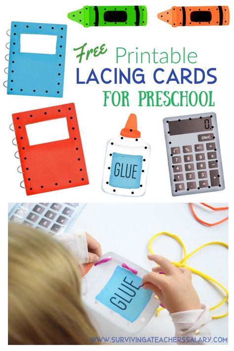 These free preschool printable lacing cards are perfect for quiet time activities, learning centers, fine motor skills development, or just celebrating the back to school season! Includes two notebooks, glue, crayons, and a calculator printable set! Just print, laminate, punch holes, and get started! Printable School Supplies, Letter Learning Games, Prek Centers, School Suplies, Printable School, Fine Motor Activities For Kids, Lacing Cards, Quiet Time Activities, Preschool Fine Motor