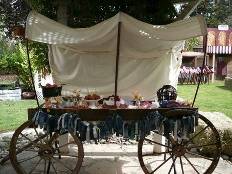 Covered Wagon Table for western party Wagon Table For Party, Covered Wagon Table, Western Theme Party Decorating Ideas, Western Event, Party Decorating Ideas, Wild West Theme, Wild West Party, Rodeo Party, Wagon Wheels