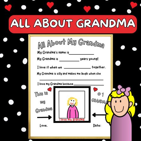 Card All About My GRANDMA Printable Fun Template Keepsake Card Gift Kid DIY Gramma Coloring Page School Activity Picture Portrait Worksheet by DearLittlePrintables on Etsy Grandma Cards, Last Minute Birthday Gifts, All About Mom, Birthday Activities, Fill In The Blank, Birthday Happy, Art Birthday, Grandparents Day, Gifted Kids