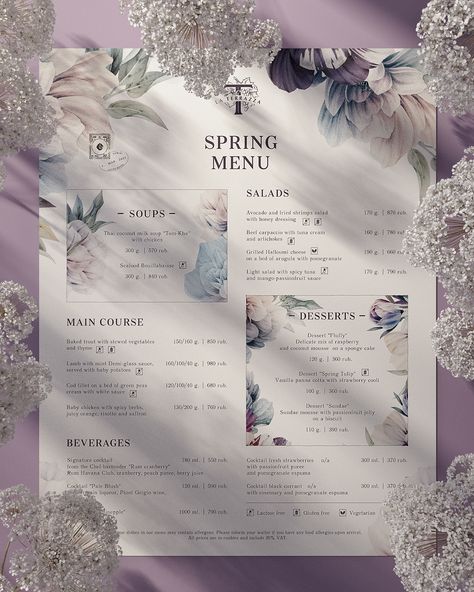 Spring menu on Behance Coffee Menu Ideas, Passionfruit Dessert, Seafood Bouillabaisse, Spicy Desserts, Baked Trout, Coconut Mousse, Honey Dressing, Coconut Milk Soup, Spring Menu