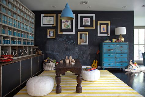 7 cool playroom ideas for kids | Cool Mom Picks Dark Playroom, Modern Kids Playroom, Chalkboard Wall Bedroom, Modern Playroom, Playroom Design, Emily Henderson, Chalkboard Wall, Teen Room, Prefab Homes