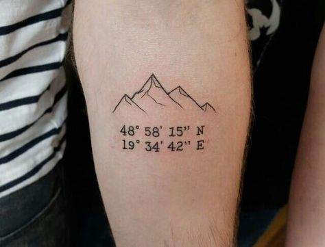 200+ Best Mountain Tattoos for Men (2021) Range, Geometric, Simple, Small Designs Coordinates Tattoo Mountain, Mountain And Coordinate Tattoo, Mountain Coordinates Tattoo, Mountain Tattoo With Coordinates, Coordinated Tattoos, Nepal Tattoo Ideas, Maine Tattoos, Coordinate Tattoos, Coordinate Tattoo Ideas