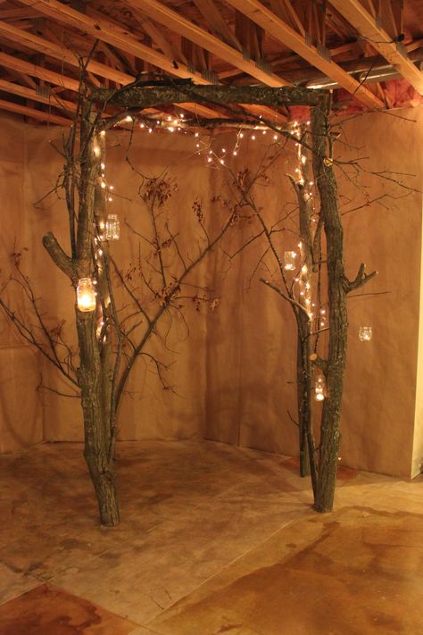 arch made from small tree trunks and branches. Used white lights and candles. Tree Branch Wedding Arch, Branch Arch Wedding, Tree Branch Wedding, Diy Wedding Arch, Tree Branch Decor, Wedding Branches, Wedding Alters, Wedding Arch Rustic, Wedding Tree