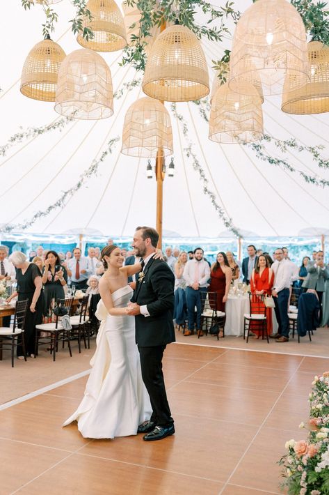 Decor for summer tented wedding with greenery and rattan lanterns. Bride and groom first dance during summer wedding at Willowdale Estate. Photography By Halie, Boston and New England Wedding Photographer. Lanterns Over Dance Floor, Wicker Lanterns Wedding, Wedding Reception Lanterns, Rattan Chandelier Wedding, Rattan Lantern Wedding, Wedding Lantern Decor Reception Ideas, Rattan Wedding Decor, Tent Wedding Decor, Wedding Rattan