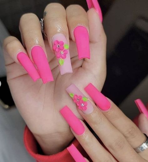 bright pink nails flowers Bright Pink Acrylic Nails, Nails Long Summer, Pink Nails With Flowers, Pink Nails Long, Nails With Flowers, Pink Flower Nails, Bright Pink Nails, Bright Pink Flowers, Neon Pink Nails